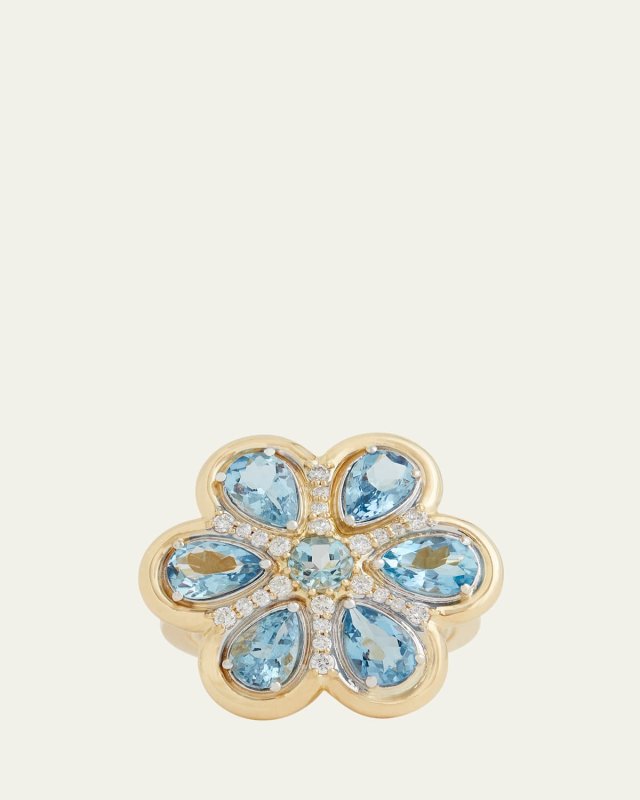 18K Gold Floral Ring with Aquamarine and Diamonds, Size